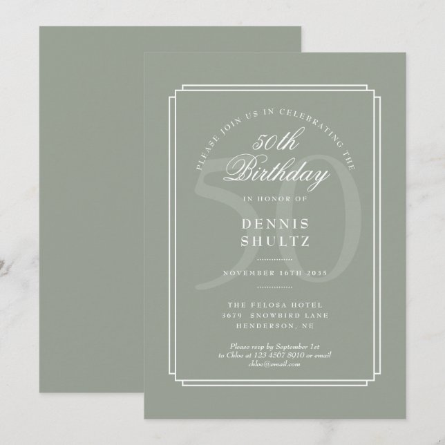 Classic Deco | Sage and White 50th Birthday Invitation (Front/Back)