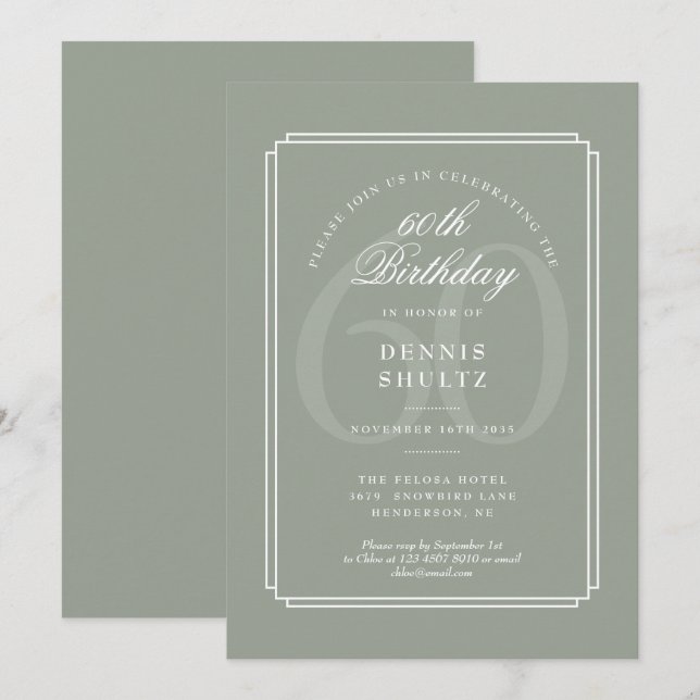 Classic Deco | Sage and White 60th Birthday Invitation (Front/Back)