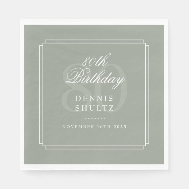 Classic Deco | Sage and White 80th Birthday Napkins (Front)