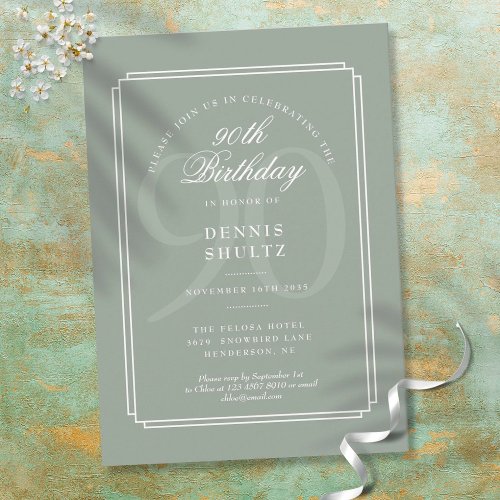 Classic Deco  Sage and White 90th Birthday Invitation