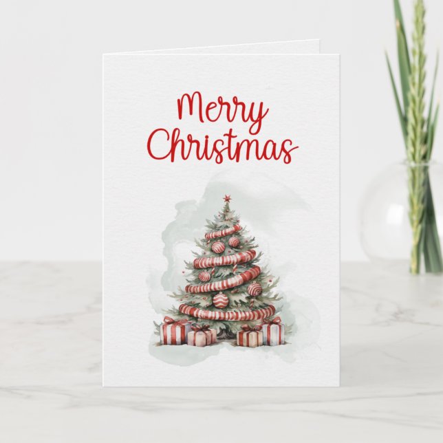 Classic Decorated Christmas Tree, Bold Red White Holiday Card (Front)