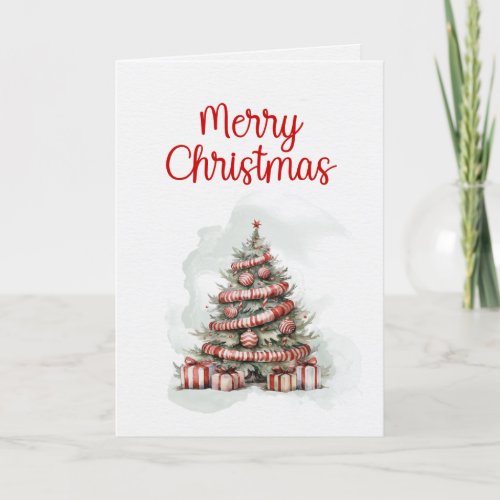 Classic Decorated Christmas Tree Bold Red White Holiday Card