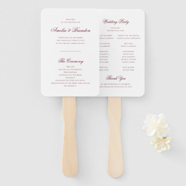 Classic Deep Burgundy Script Wedding Program Hand Fan (Front and Back)
