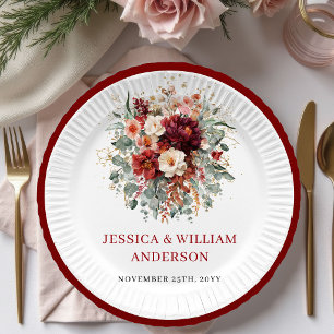 Classic Deep Red Autumn Wedding Paper Plates Desig