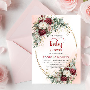 Classic Deep Red Floral Eucalyptus Baby Shower Invitation