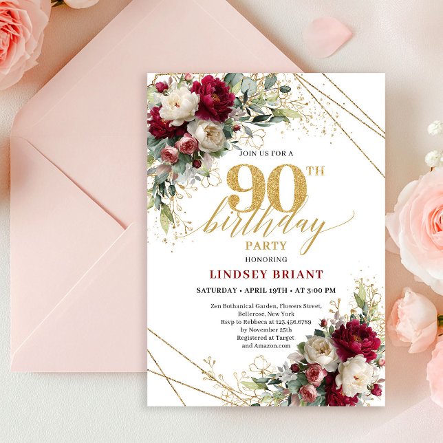 Classic Deep Red Floral Gold 90th Birthday Invite (Classic Deep Red Floral Gold 90th Birthday Invitation)