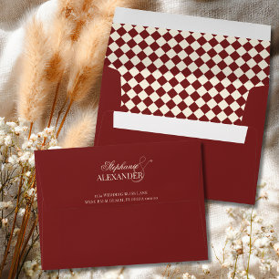 Classic Deep Red Ivory Checkered Old Money Wedding Envelope