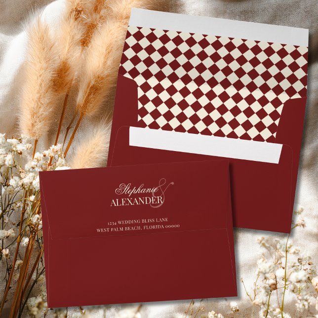 Classic Deep Red Ivory Checkered Old Money Wedding Envelope (Creator Uploaded)