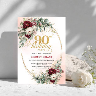 Classic Deep Red Peonies Gold 90th Birthday Invite