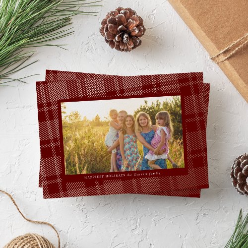 Classic Deep Red Simple Plaid Frame Foil Holiday Card