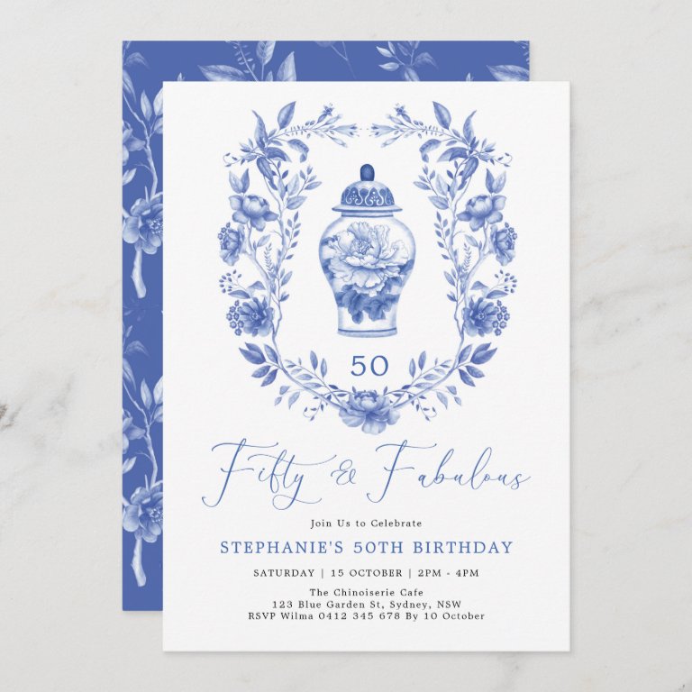 Classic Delft Blue Floral Ginger Jar 50th Birthday Invitation