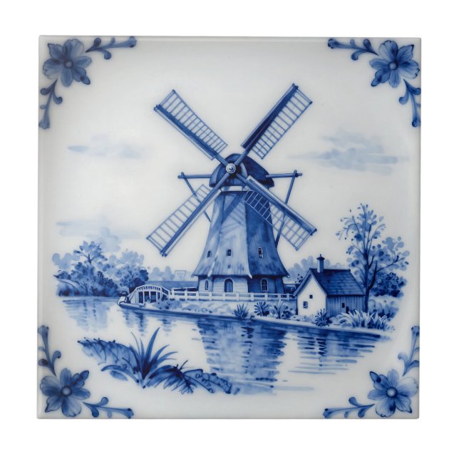Classic Delft Blue Windmill Canal Scene Ceramic Tile (Front)