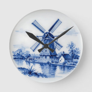 Classic Delft Blue Windmill Canal Scene Round Clock