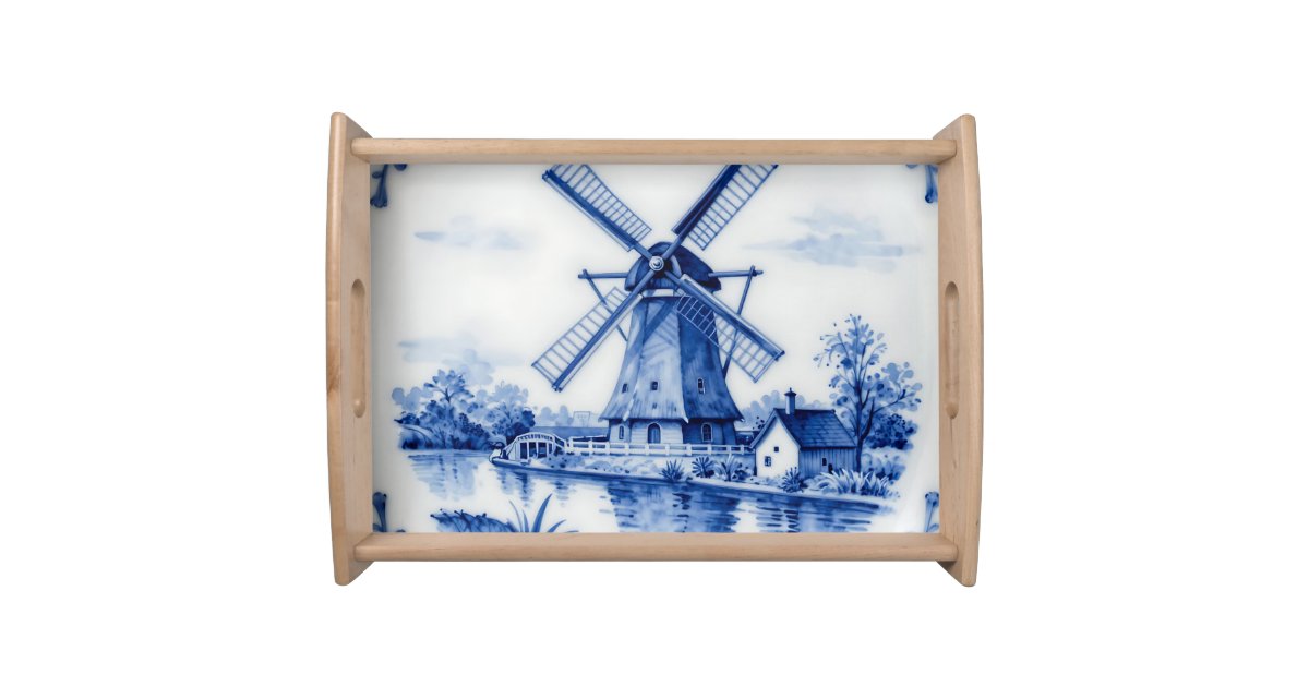 Classic Delft Blue Windmill Canal Scene Serving Tray | Zazzle