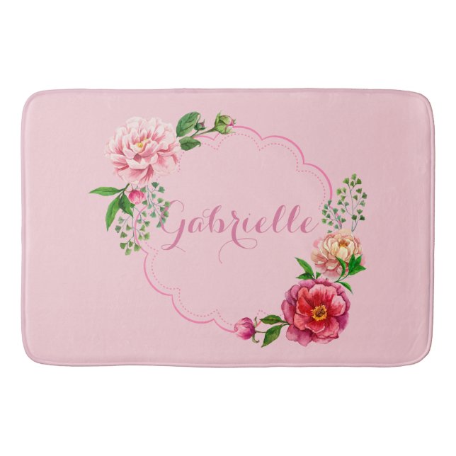 Classic Design: Pretty Pink Floral Frame Bathroom Mat (Front)