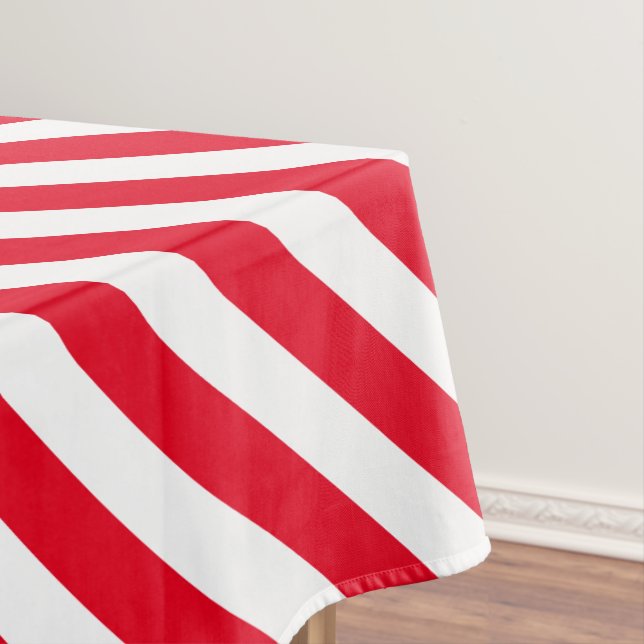 Classic Diagonal Red and White Striped  Tablecloth (In Situ)
