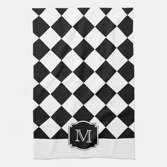 Classic Diamonds Monogram - Black White Kitchen Towel (Vertical)