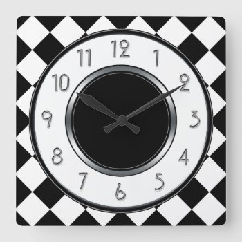 Classic Diamonds Monogram - Black White Square Wall Clock by TrendyKitchens at Zazzle