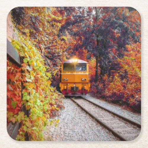 Classic Diesel Train Engine in the Fall Square Paper Coaster
