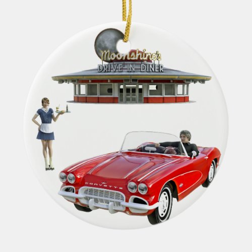 Classic Diner and Car with Waitress Serving Ceramic Ornament