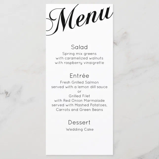 Classic Dinner Menu. Traditional Wedding Table Menu 