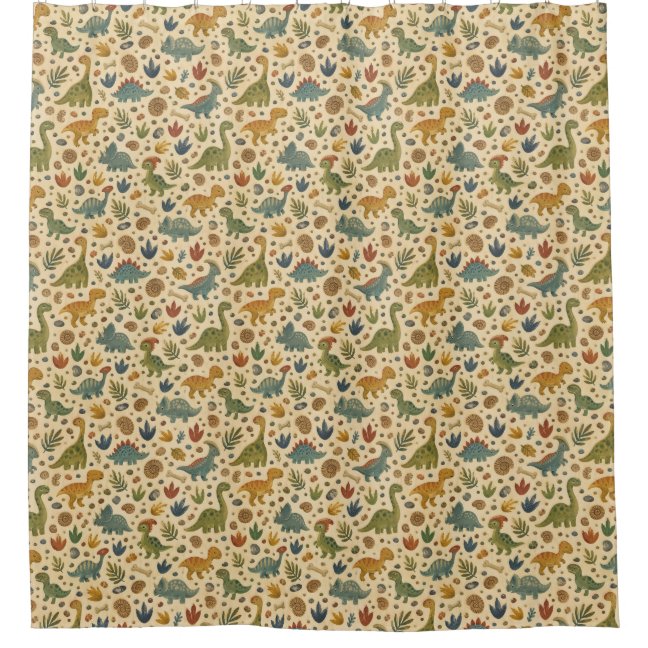 Classic Dino and Footprint Pattern in Earthy Tones Shower Curtain