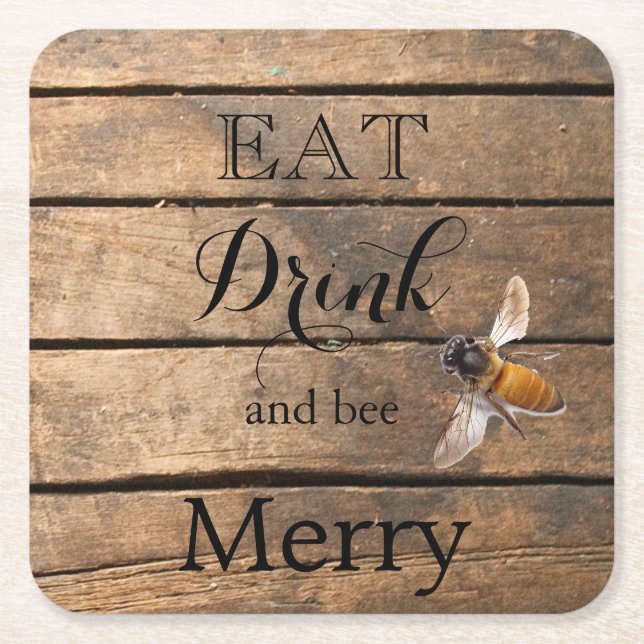 Classic distressed rustic barn wood honeybee square paper coaster (Front)