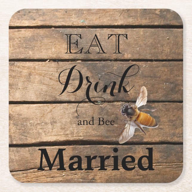 Classic distressed rustic barn wood honeybee square paper coaster (Front)