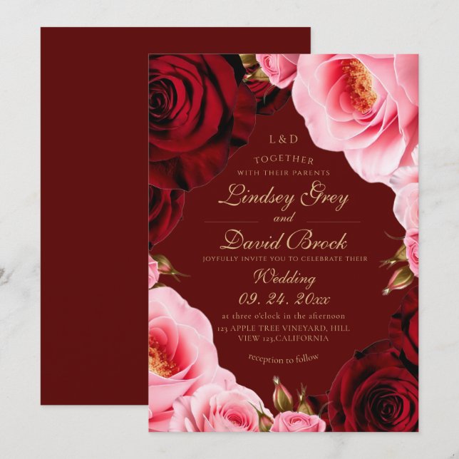 Classic Divine Blush Burgundy  Roses Wedding Invitation (Front/Back)