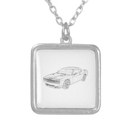 Classic Dodge Challenger Mopar Muscle Car Drawing Silver Plated Neckla