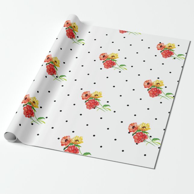 Classic Dots and Red Yellow Flowers Wrapping Paper (Unrolled)