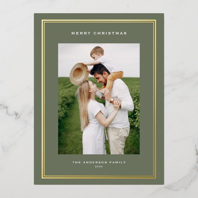 Classic Double Border Taupe Green Photo Christmas Foil Holiday Postcard (Front)