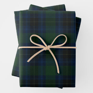 Classic Douglas Clan Tartan Green Navy Blue Plaid Wrapping Paper Sheets