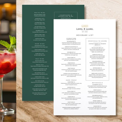 Classic Drinks List Restaurant Minimalist Green Menu