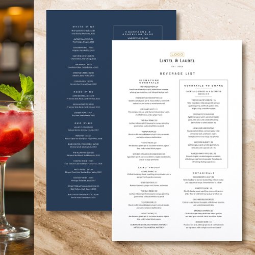 Classic Drinks List Restaurant Minimalist Navy Menu