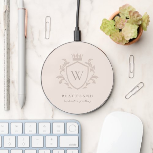 Classic Dusky Pink Blush Monogram Floral Crest Wireless Charger