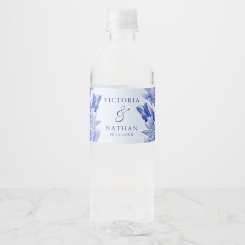 Classic Dusty Blue and White Floral Wedding  Water Bottle Label