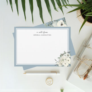 Classic Dusty Blue Border Floral  Note Card