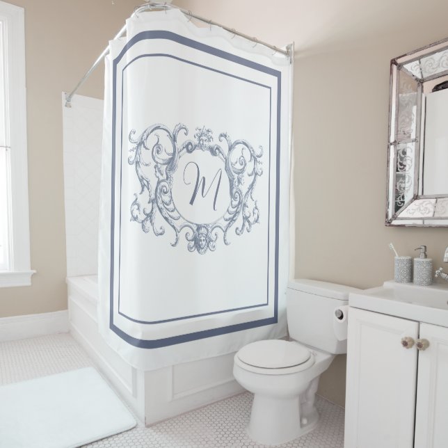 Classic dusty blue Border Script Monogram  Shower Curtain (In Situ)