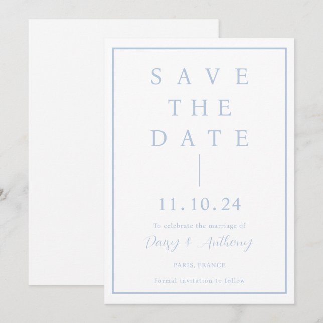 Classic Dusty Blue Border | Simple Elegant Save The Date (Front/Back)
