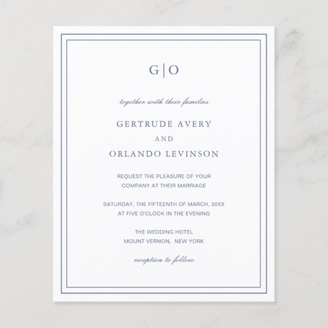 Classic Dusty Blue Budget Wedding Invitation (Front)