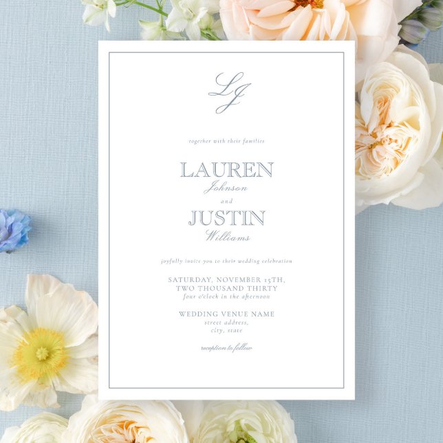 Classic Dusty Blue Calligraphy Monogram Wedding Invitation (Creator Uploaded)