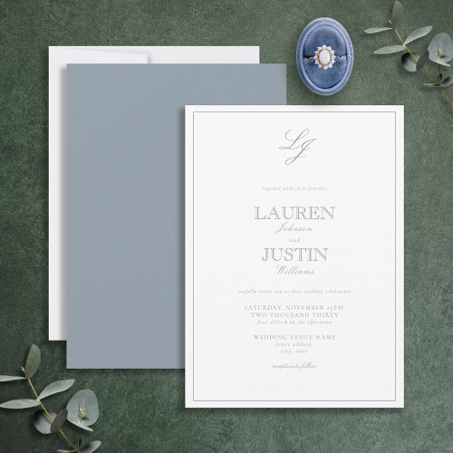 Classic Dusty Blue Calligraphy Monogram Wedding Invitation