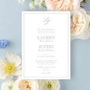 Classic Dusty Blue Calligraphy Monogram Wedding Invitation