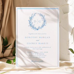 Classic Dusty Blue Crest Monogram Wedding Invitation