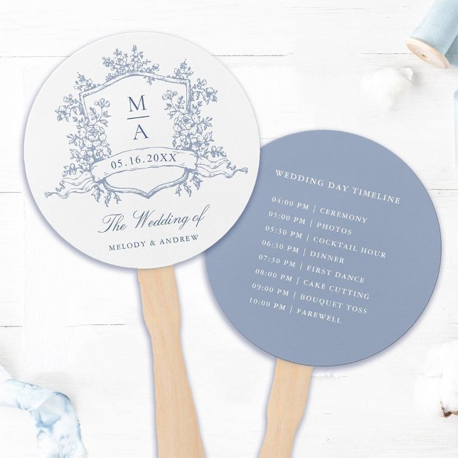 Classic Dusty Blue Crest Wedding Ceremony Timeline Hand Fan (Front & Back)