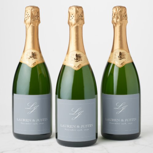 Classic Dusty Blue Elegant Monogram Script Wedding Sparkling Wine Label