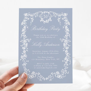 Classic Dusty Blue Floral 50th Birthday Party Invitation
