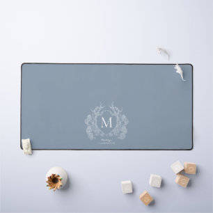Classic Dusty Blue Floral Crest Monogram Desk Mat