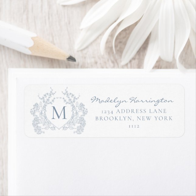 Classic Dusty Blue Floral Crest Monogram Label (Insitu)
